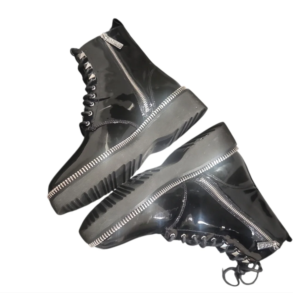 NWT Michael Kors Haskell Black Patent Leather Combat Boots Zipper Trim 8.5